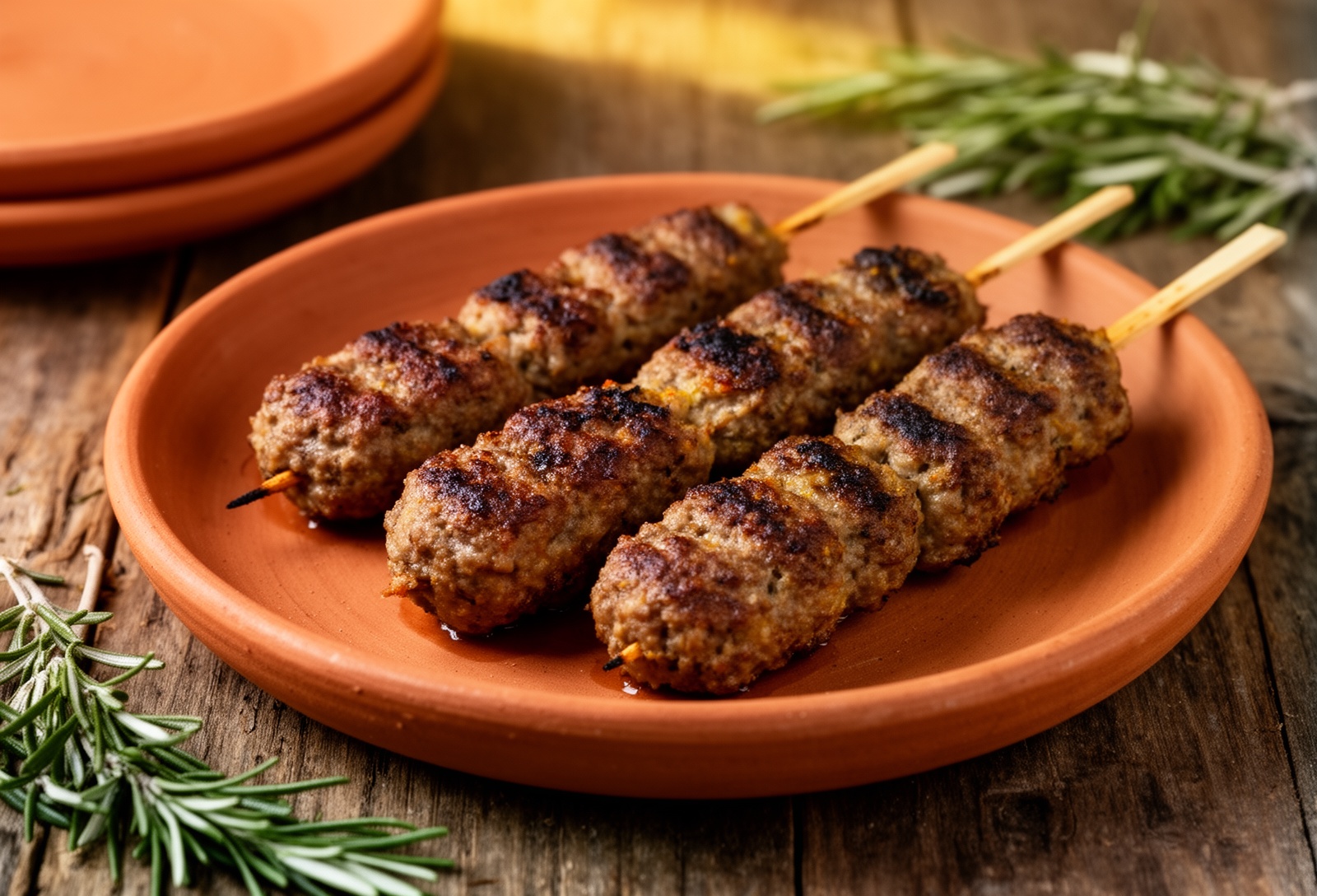 Brochettes kefta grillées au feu de bois sur une assiette