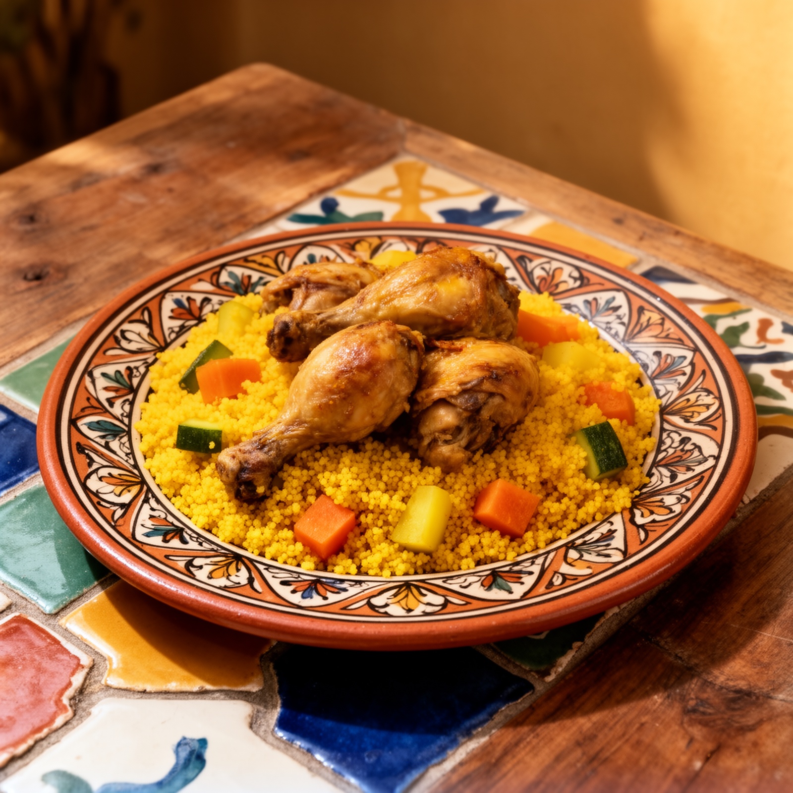 Grand plat de couscous au poulet fermier et légumes